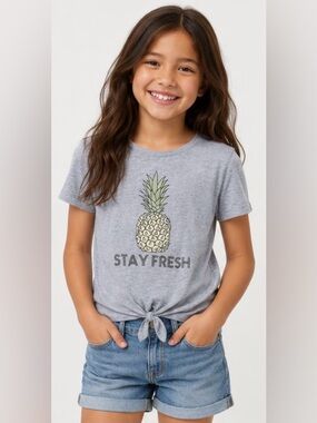 Chit Chat Youth XL Gray Pineapple Stay Fresh Tie-Front Soft Rayon Blend Top